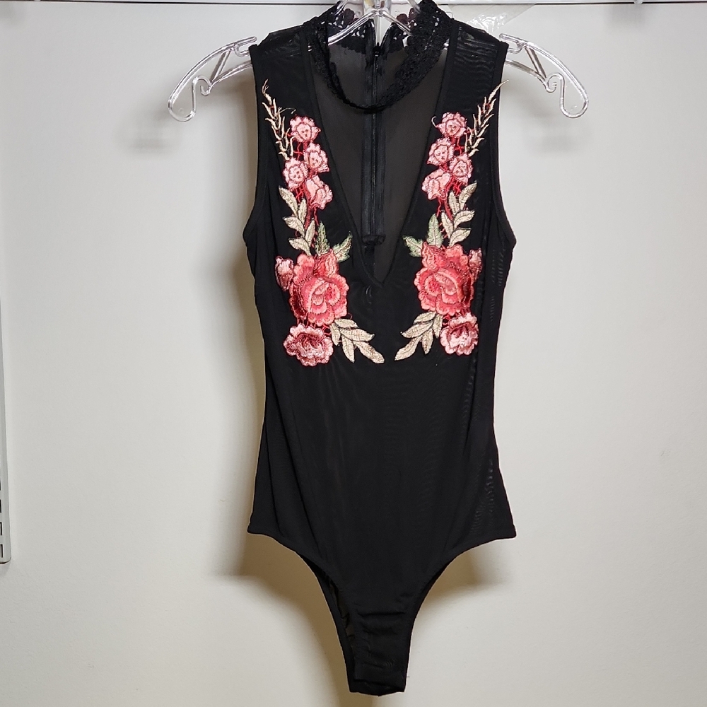 Seek The Label | Sheer Black Bodysuit with Floral Embroidery | S